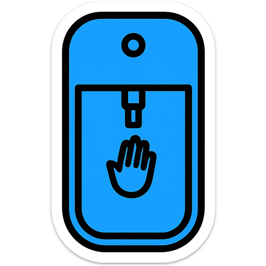 Create a clean, minimal emoji of a blue Touchland hand sanitizer bottle with a transparent background. Keep the recognizable shape and blue color, focusing on simplicity and clarity in a lineal color icon style with black outlines. sticker
