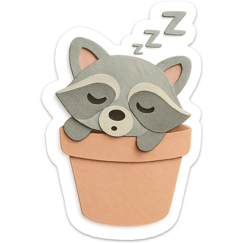 sleepy raccoon inside a flower pot, pastel earthy colors, paper craft style sticker