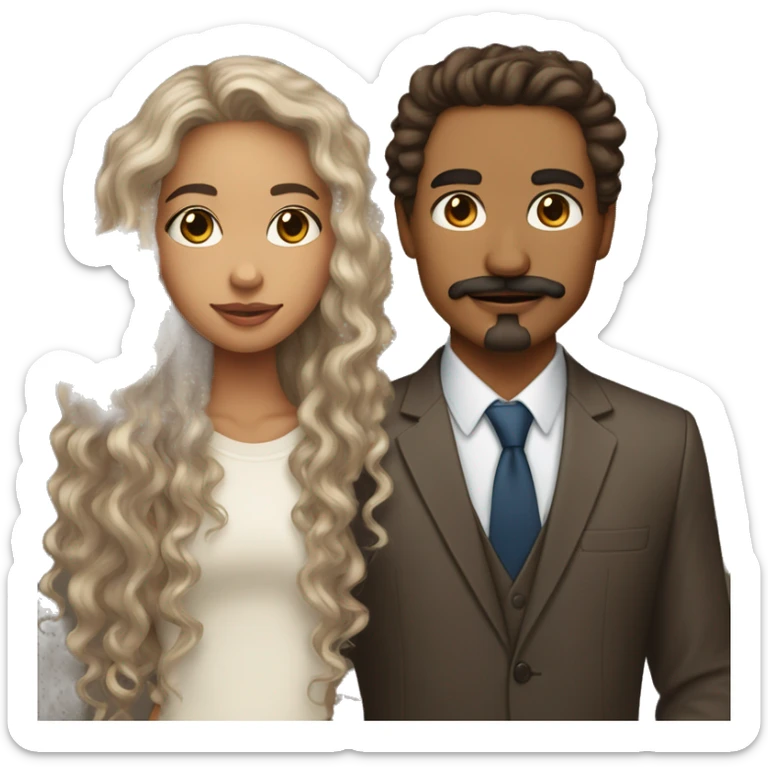 Lightskin girl with long curly brown hair next to white man with long brown hair and mustache sticker