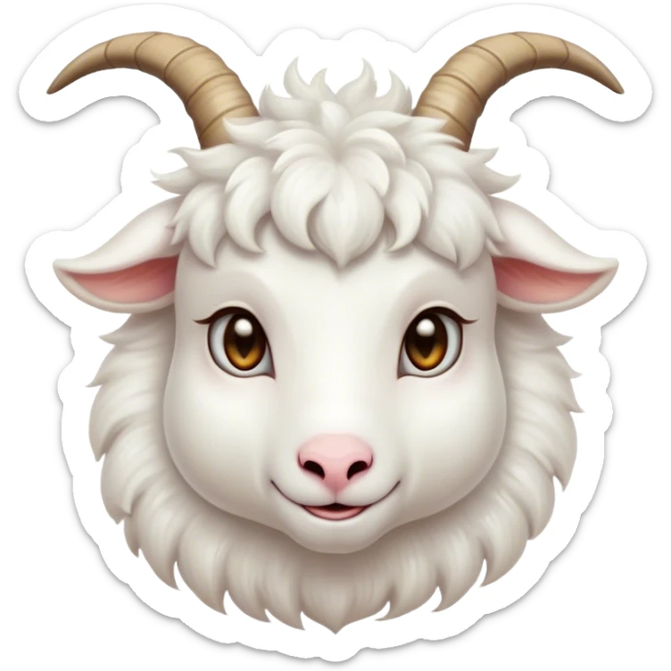 Cinematic Cute White Goat Portrait Emoji, Head tilted playfully and inquisitively, featuring a fluffy, immaculate white fur with charming curved horns, round, sparkling eyes filled with gentle curiosity, Simplified yet irresistibly adorable features, highly detailed, glowing with a warm, friendly glow, high shine, affectionate and lively, stylized with a touch of whimsical charm, bright and endearing, soft glowing outline, capturing the essence of a mischievous yet loving goat, so playful it feels like it could trot out of the screen and into your arms! sticker