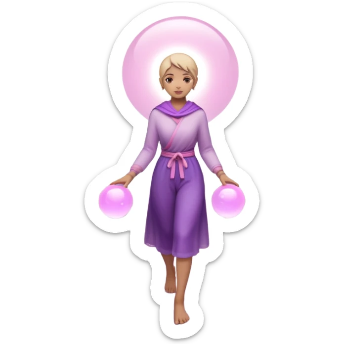 A small figure walks back across a foggy bridge, holding soft pink and purple orbs in each hand—symbolizing compassion and forgiveness. A gentle heart aura trails behind them, showing healing in motion. sticker