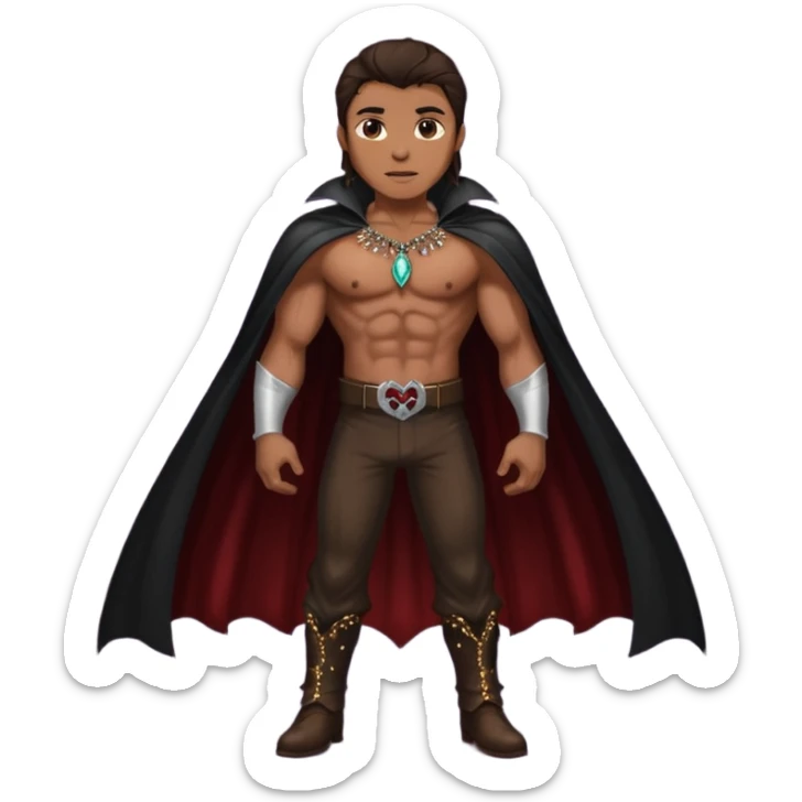 Vampire Hunter with long dark brown hair, dark brown sequin baggy pants, shirtless with necklace, dark brown sequin cape sticker