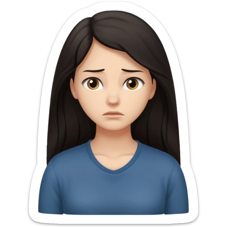 "Cartoon emoji of a woman with long, loose dark hair, wearing plain, simple clothes. Full-height, standing, nervous, unsure, worried expression. Slightly hunched, anxious posture. Smooth, simple, stylized."Eyes looking down or away, avoiding direct contact sticker
