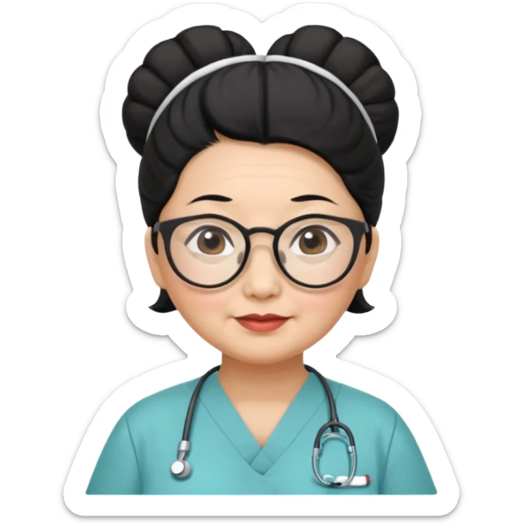 OLD ASIAN WOMAN WITH GLASSES, NURSE SCRUBS, HAIR BUN, BLACK HAIR, CHUBBY sticker