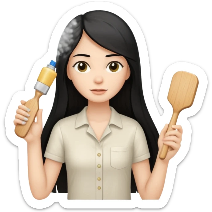 A white woman with long, straight black hair, wearing an ivory-colored shirt, holding a small square wooden paddle hairbrush in her left hand and spraying a hair mist bottle with her right hand toward her hair. sticker