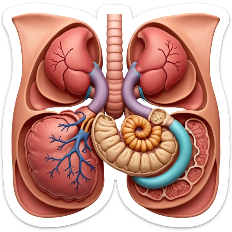 A highly detailed 3D anatomical model of the stomach of a human, including but not exclusive to the intestines, stomach, kidneys etc. Medical illustration style, realistic lighting, neutral background, hyper-detailed, scientific accuracy, 8K resolution sticker