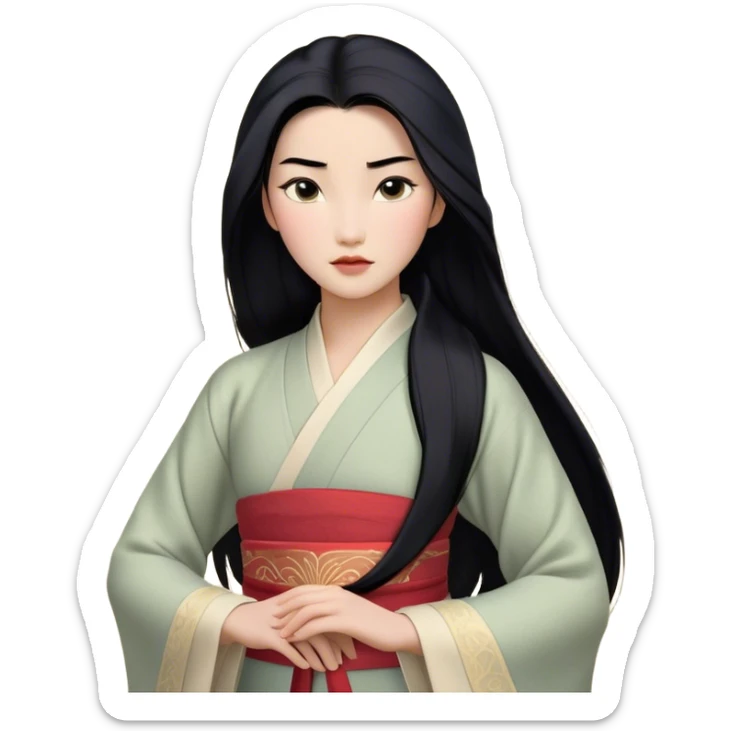 Cinematic Realistic Mulan Portrait, depicted with lifelike skin texture, soft natural lighting, and intricately detailed long black hair styled elegantly. Her deep, expressive eyes exude determination and grace, complemented by a serene yet confident expression. She is dressed in her classic attire, with rich fabric textures and delicate folds that catch the light beautifully. The portrait features a soft, enchanting glow with a natural, radiant finish, capturing the essence of timeless strength and beauty in a realistic and painterly style, evoking a sense of depth and authenticity. sticker