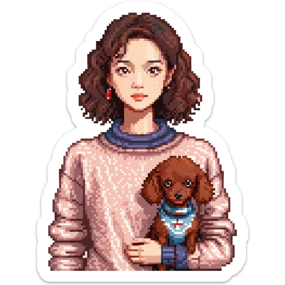 Asian woman with dark brown hair and eyes, in a knit jumper, with a small red poodle by her side sticker
