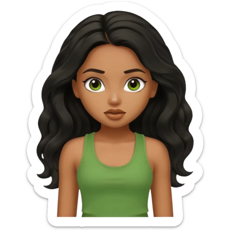 a pretty bratz brown girl with long wavy black color hair and green tank top on sticker