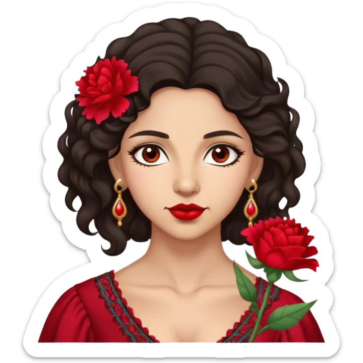 A Gypsy-origin woman with dark wavy hair, a single red carnation behind one ear, and a confident gaz sticker
