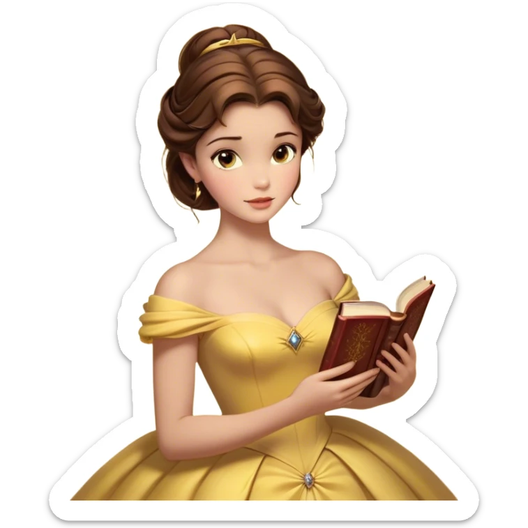 Cinematic Realistic Belle Portrait, depicted with lifelike skin texture, soft natural lighting, and intricately detailed brown hair styled elegantly. Her deep, expressive eyes exude warmth and intelligence, complemented by a serene and graceful expression. She gently holds a book in one hand, her other hand resting at her side, radiating an aura of beauty and intellect. She is dressed in her classic yellow ball gown, the fabric rich in texture with delicate folds that catch the light beautifully. The portrait features a soft, enchanting glow with a natural, radiant finish, capturing the essence of timeless beauty in a realistic and painterly style, evoking a sense of depth and authenticity. sticker