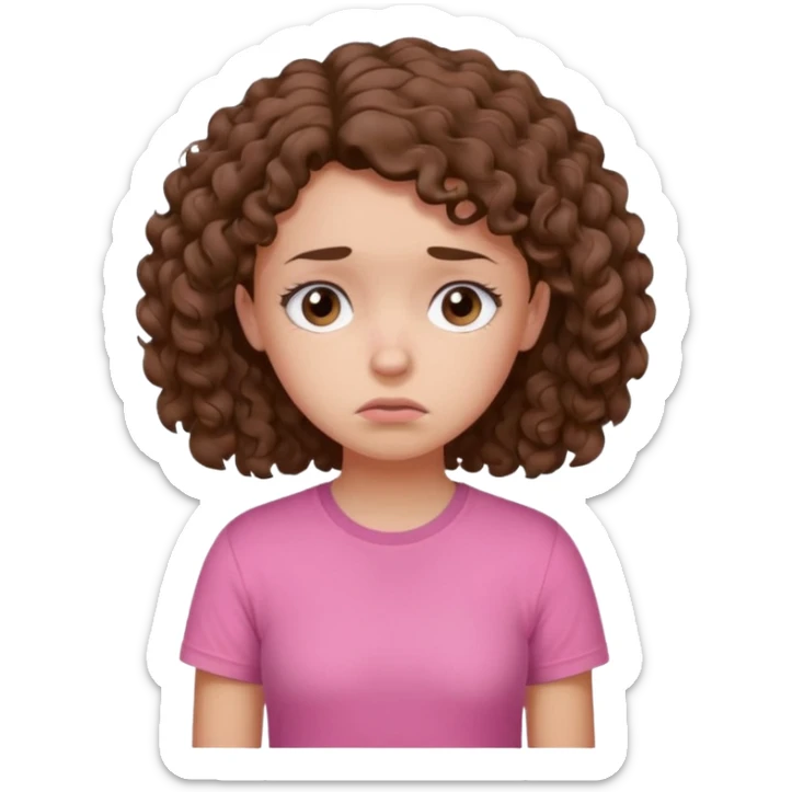 Young girl with curly hair and a pink T-shirt, looking sad and discouraged sticker