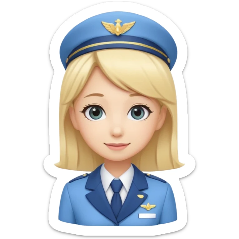 Cute emoji-style Japanese flight attendant, blonde hair, pastel blue airline uniform, kawaii cartoon style, big eyes, simple clean lineart, pastel colors, chibi proportions, friendly smile, sticker/emoji, transparent background sticker