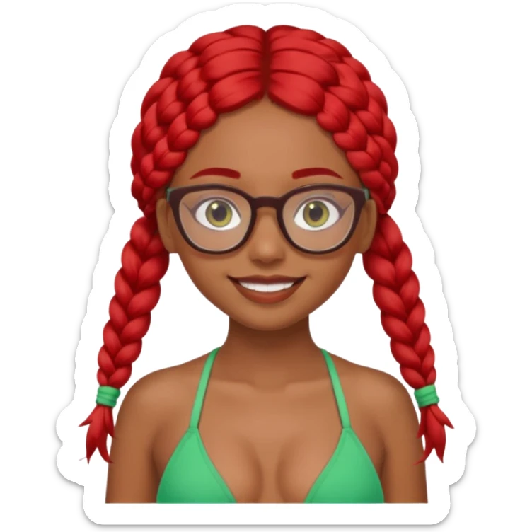Dark Tan girl with two long red plaits and red rimmed  glasses, green bikini top,  head neck and shoulder shot only sticker
