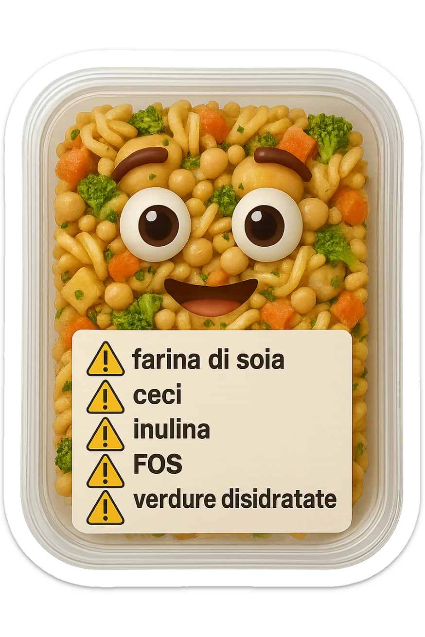 SU QUESTO STILE FAI UN EMOJI STILE IPHONE 3D DI UN insalata di pasta precotta preconfezionata con ETICHETTA CON GLI INGREDIENTI SCRITTI, "farina di soia, ceci, inulina, FOS, GOS, verdure disidratate" accanto ad ogni nome scritto mettici un segnale di allarme, FALLO MOLTO REALISTICO IN 3D sticker