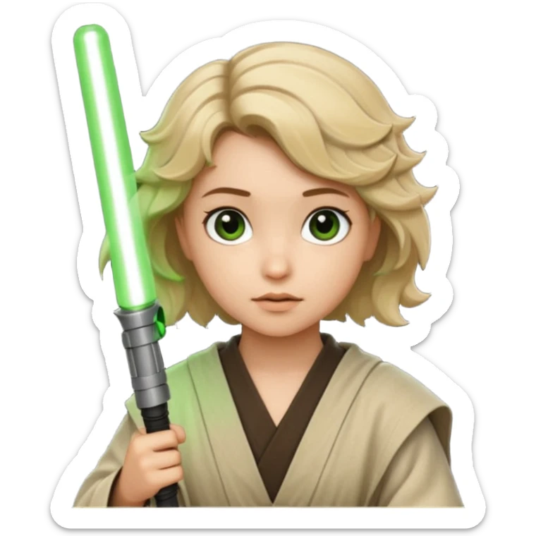 Young jedi with sandy blonde wavy short hair holding a green light saber, he has dark brown eyes sticker