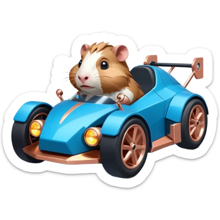 dark crystal blue and rosegold-accented cyberpunk faceted-body electric racing car driven by a small cute but fearless Guinea pig with rear spoiler, roll bar, and wheely bar sticker