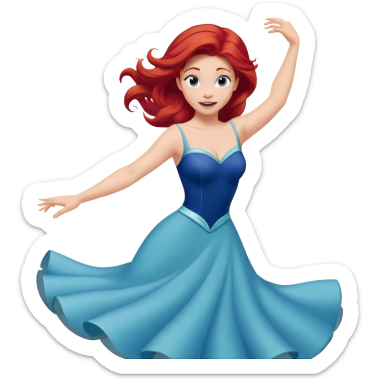Disney human Ariel with red hair, twirling in her blue dress, excited expression sticker