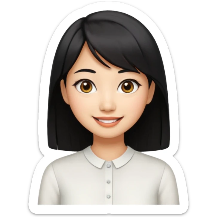 30 yr old asian woman center parted hair big eyes big smile tanned skin straight black hair hippie part hair white blouse shoulder length hair middle parted hair few short bangs at front trendy hair sticker