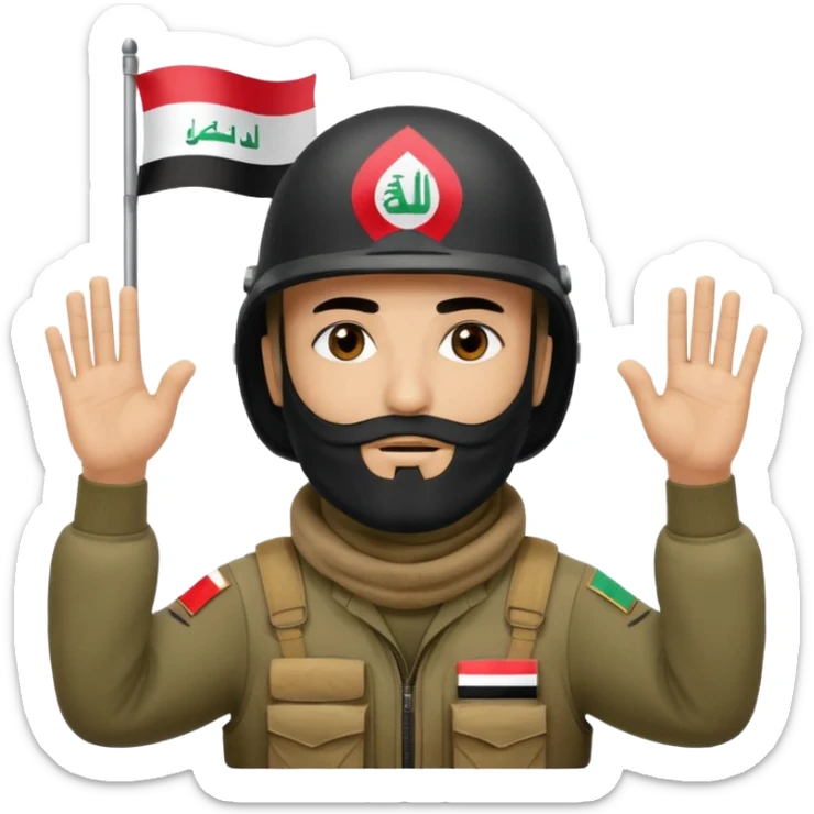 surrenders, depicts an Iraqi soldier from 1980, with a beard, in a helmet, a helmet with sign flag Iraq, with a balaclava, with sad eyes and both hands raised up sticker