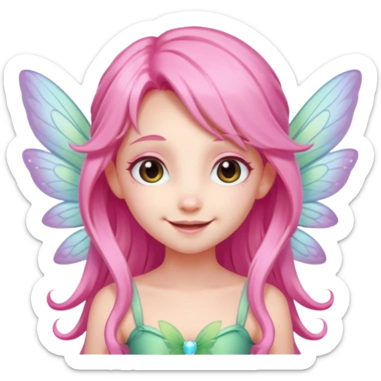 A tiny pastel fairy with pink long hair with glowing wings and a sweet smile  sticker