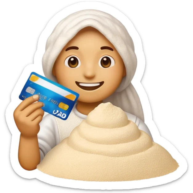 Happy emoji with a credits card in hand and a pile of flour  sticker