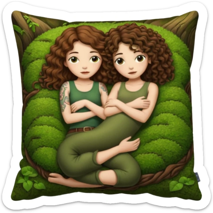 cozy moss bed — long wavy brown hair tattooed woman and short tight curly brown hair woman — curled together on moss pillow sleepy sticker