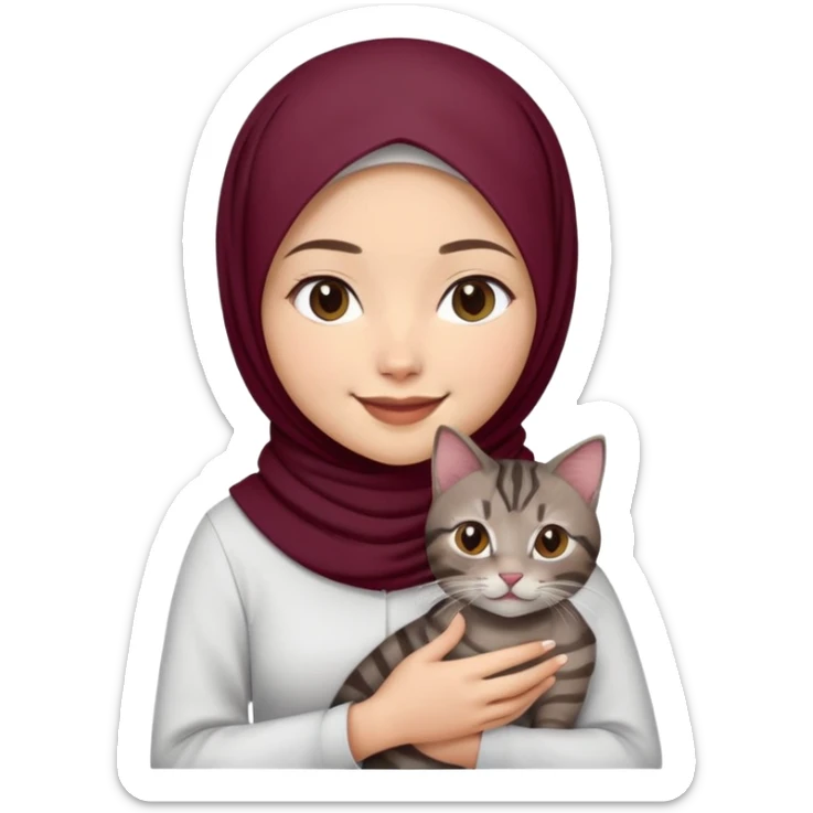 Asian white Girl wearing dark maroon hijab with white shirt smiling while holding a black brown grey tabby cat sticker