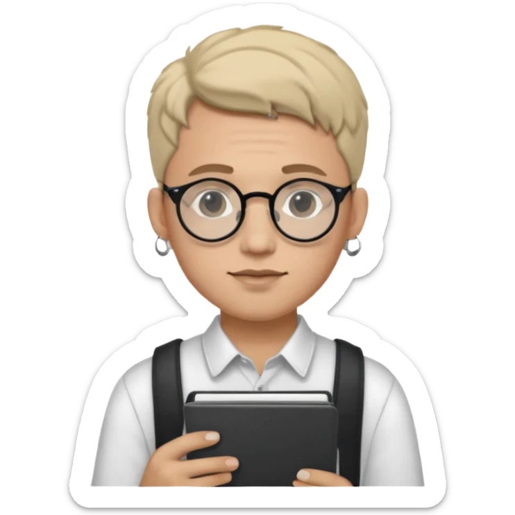 A man in his 20s wearing an apnotebook, wearing radio earrings, round glasses, achromatic clothes sticker