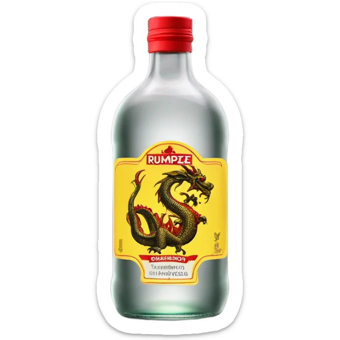 clear bottle of rumpleminze alcohol with a yellow dragon on a black and red label sticker