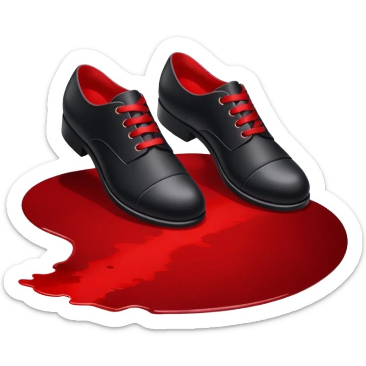 Minimalist emoji-style sticker of two black shoes standing on a red carpet that fades into a bloodstain. Flat, frontal design, simple icon composition. sticker