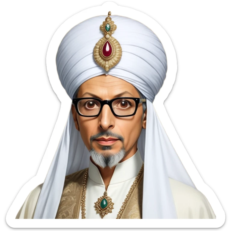 Jeff Goldblum no glasses as a regal portrait dressed as _cinematic-realistic-portrait-of-suleiman-the-magnificent,-depicted-as-a-regal-ottoman-sultan-adorned-with-a-large,-white,-round,-tall-turban-and-a-majestic-grey-beard,-his-commanding-gaze-bathed-in-warm,-historic-lighting-that-exudes-timel sticker