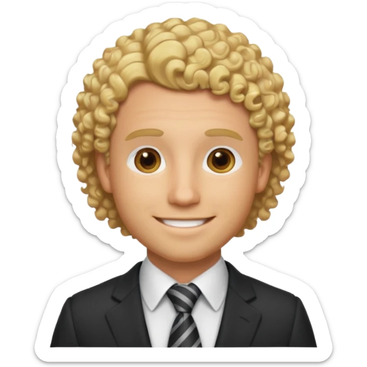 man in his 30s, curly blonde hair, wearing a suit and tie, warm smile sticker