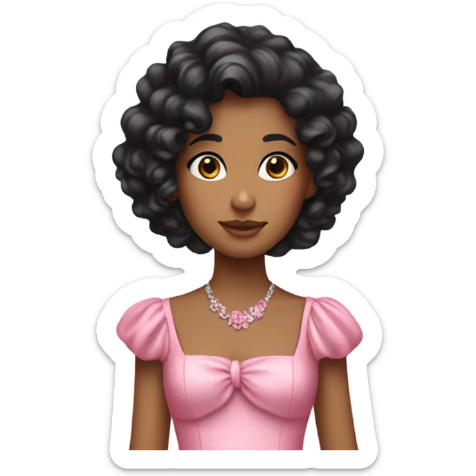 A girl with black curly hair that’s wearing a fancy pink dress  sticker