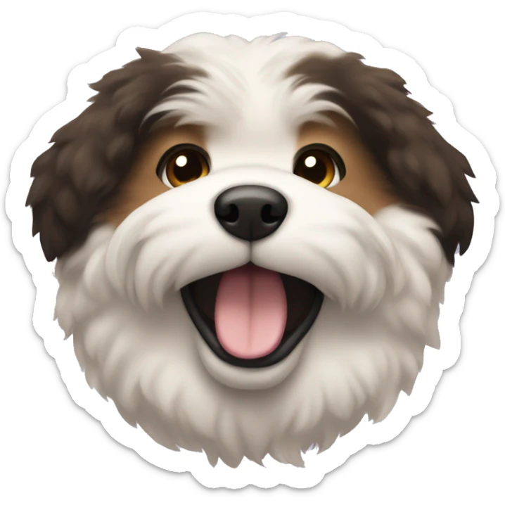 An emoji of a fluffy dog with a mix of black and brown fur, showcasing its thick coat and friendly expression sticker