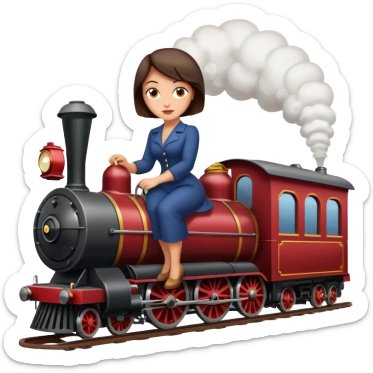 Pretty, sexy, slightly curvy white woman with short dark brown hair, riding a steam train sticker