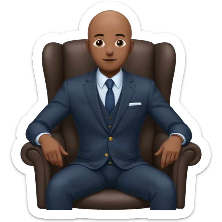 Black man, bald, in a suit, sitting on a chair in the office  sticker