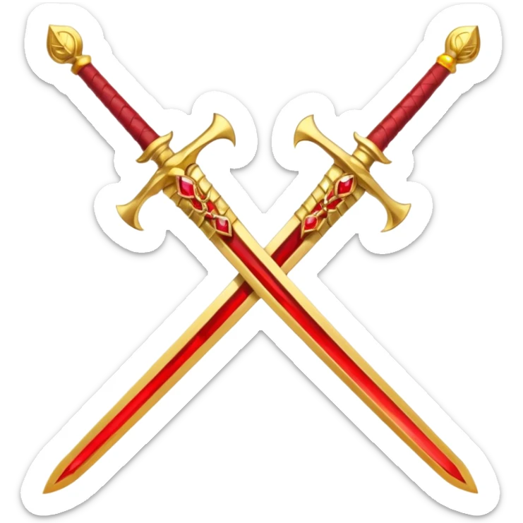 Two crossed swords that are golden in blade and handle and have fiery and royal appearence to them as well as red gem stones yellow in color sticker