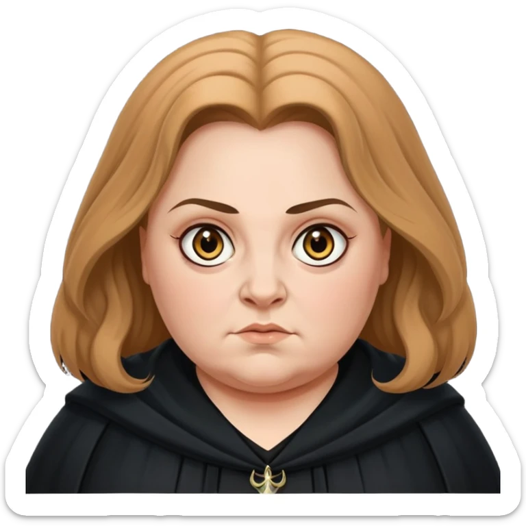 Alecto Carrow in harry potter, a woman fat, light brown tied hair, look evil, black cloak sticker