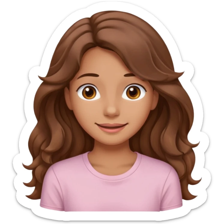 A pretty girl with tan skin and long brown wavy hair, wearing a very light pink basic shirt with brown eyes and a closed mouth smile sticker