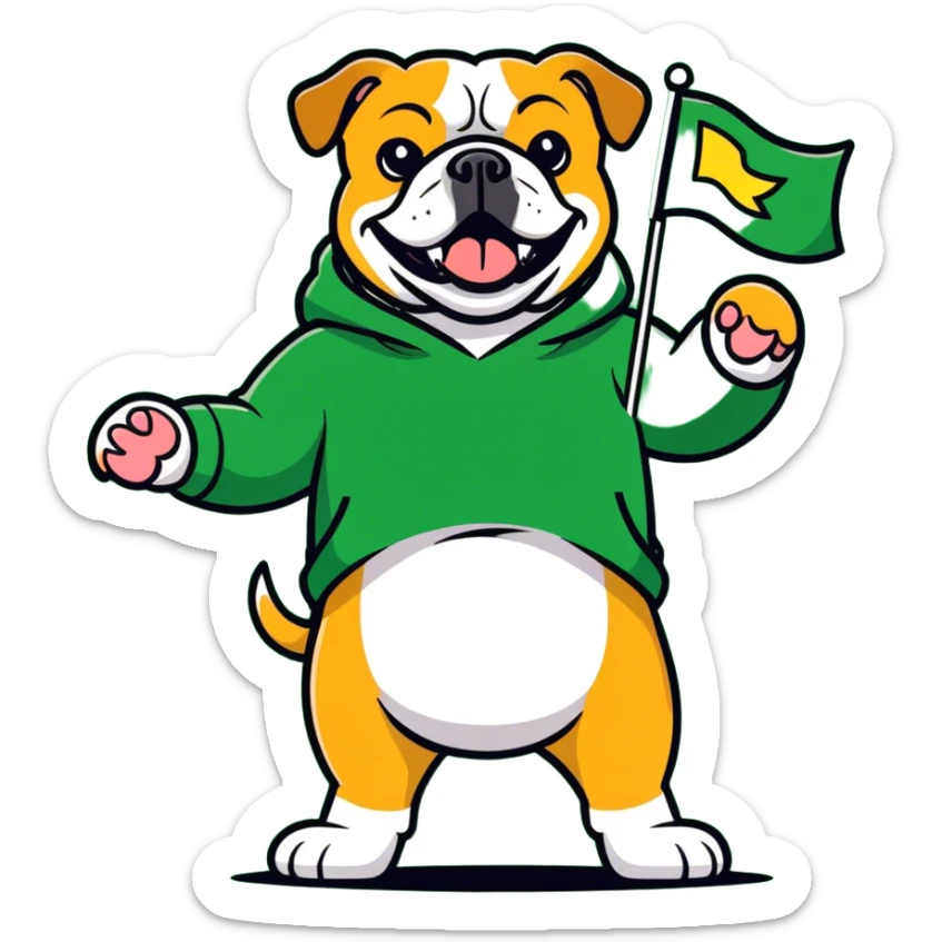A bulldog wearing a green sweatshirt holding a little green flag sticker