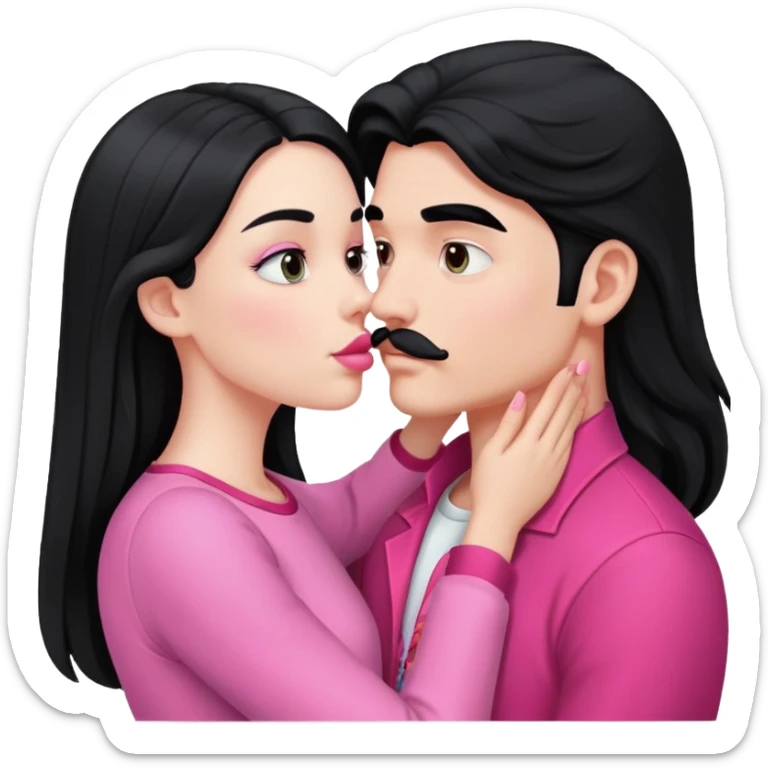 White boy with black mustache kissing white girl with long black hair in pink clothes sticker