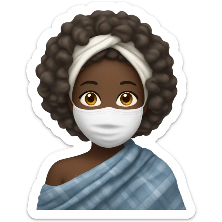 a black girl with curly hair wrapped in a blanket with a cup of tea and a white facial mask on sticker