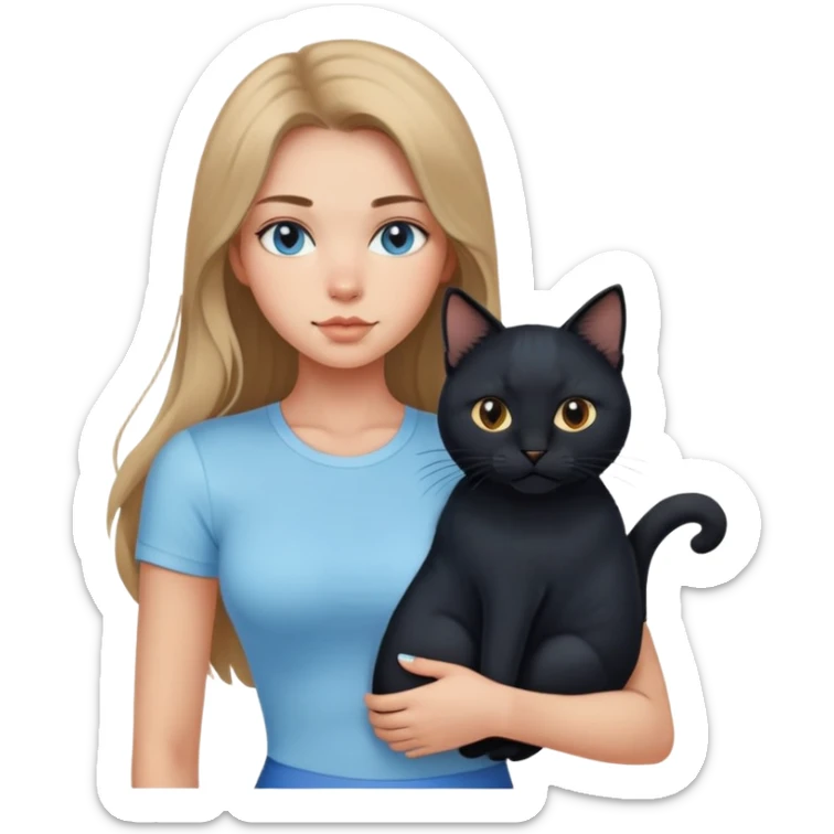 A sexy girl with long hair wearing a light blue tight short-sleeved shirt holding a black cat sticker