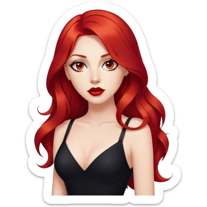 a crying woman with long red hair and red eyes. The woman wear a black little cutted dress. She have red lipstick and she have a seductive look.  sticker