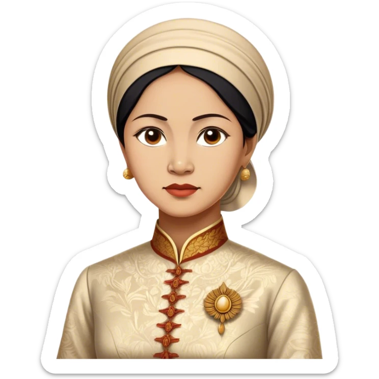 Cinematic Realistic Raden Ajeng Kartini Portrait Emoji, depicted as an inspiring Indonesian feminist icon in period attire with a thoughtful determined gaze, rendered with lifelike textures and warm empowering lighting that captures her pioneering spirit. sticker