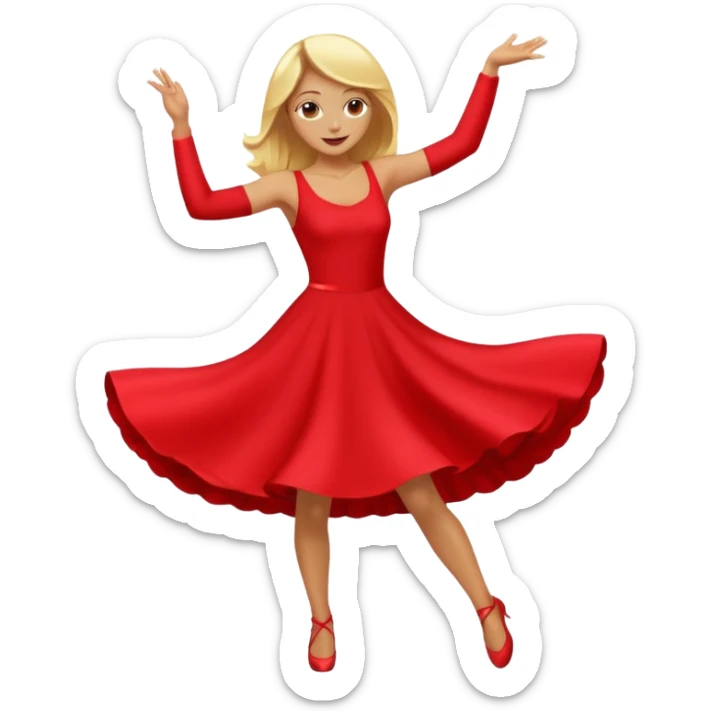 a yellow-blonde woman dancing wearing a red dress, in flat emoji / Apple style, smooth shapes, glossy highlights, bright saturated colors, simple features, minimal details, no outlines, red clothes flowing, joyful pose
 sticker