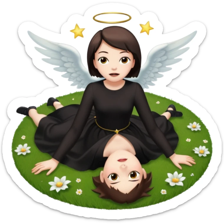 A short-haired brown demon girl lies on the grass, looking up at a flying angel in the sky."
 sticker