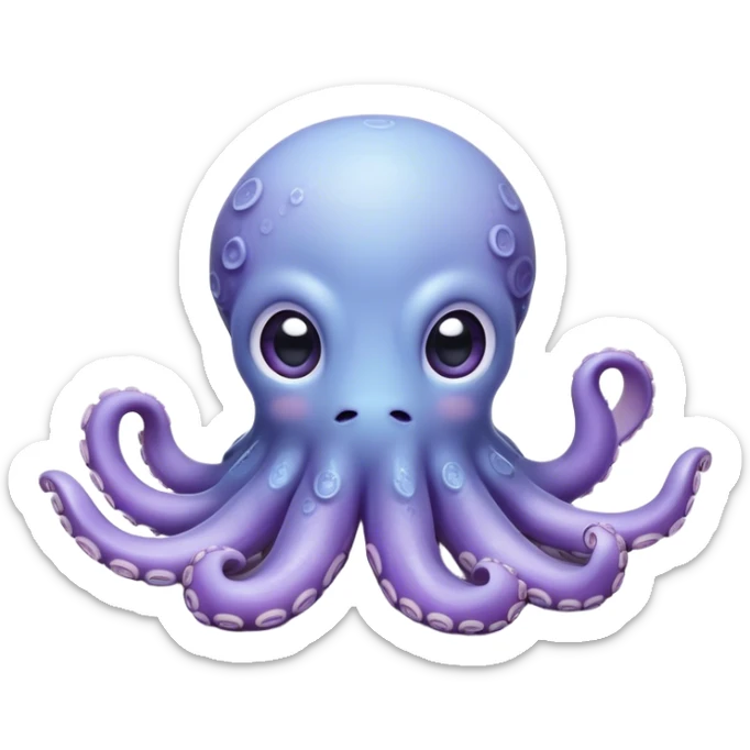 Cinematic Cute Shy Baby Octopus Portrait Emoji, Tentacles tucked slightly inward in an adorably bashful pose, featuring a softly glowing, round light blue-purple body with enormous, soulful eyes peering out timidly, Simplified yet irresistibly adorable features, highly detailed, glowing with a delicate, soothing marine radiance, high shine, quiet yet expressive, stylized with an air of gentle mystery, soft glowing outline, capturing the essence of a tiny, shy deep-sea creature that seems as if it could slowly peek out and explore the world with cautious curiosity! sticker