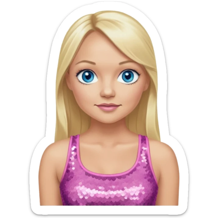 Emma Bunton with long blonde ponytail hair, blue eye, pink sequin crop top sticker